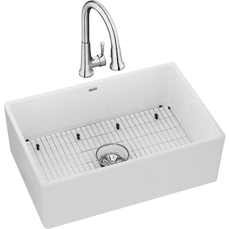 30X19-15/16X9-1/8, Sgl Bowl Farmhouse Sink Kit W/ Faucet, White